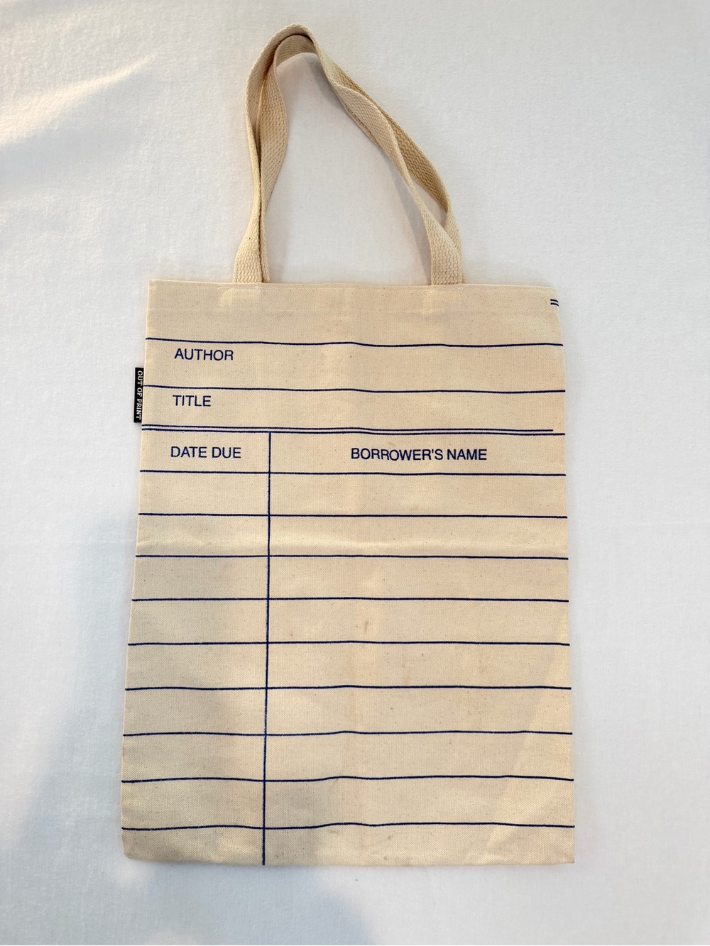 Out of Print Library Due Date Card Canvas Tote Bag Natural Made in USA